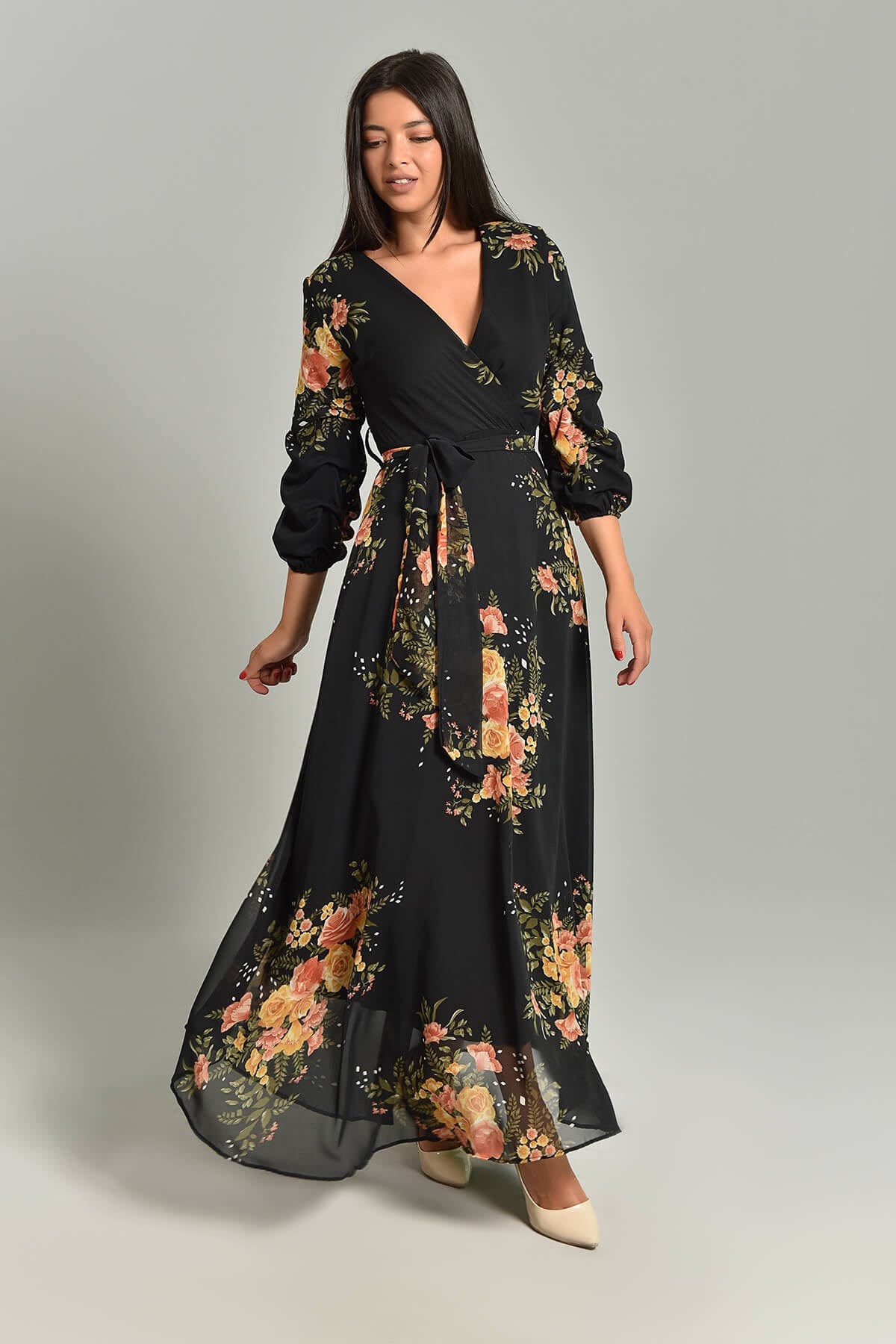 Siyah Kruvaze Kolları Büzgülü Şifon Elbise - Moda Kapımda İle Kapınızda!