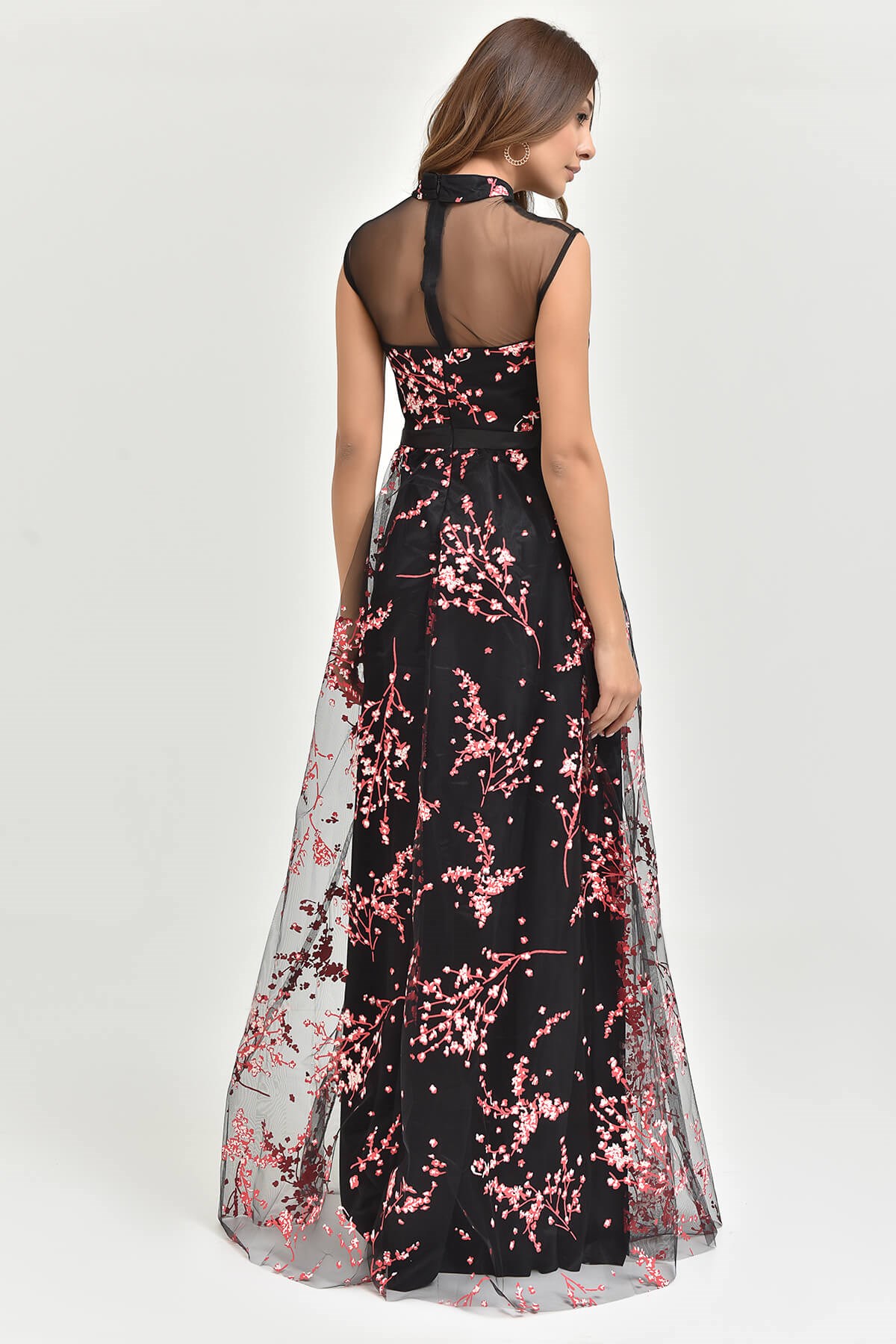 FM Siyah Çiçekli Tül Abiye Elbise - Moda Kapımda İle Kapınızda!