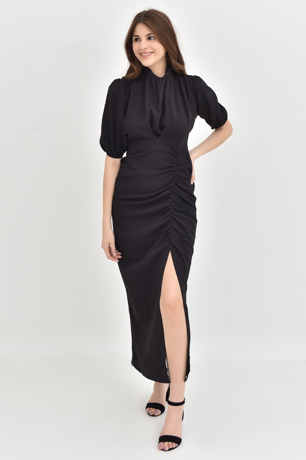 Siyah Balon Kol Yırtmaçlı Elbise - Moda Kapımda İle Kapınızda!