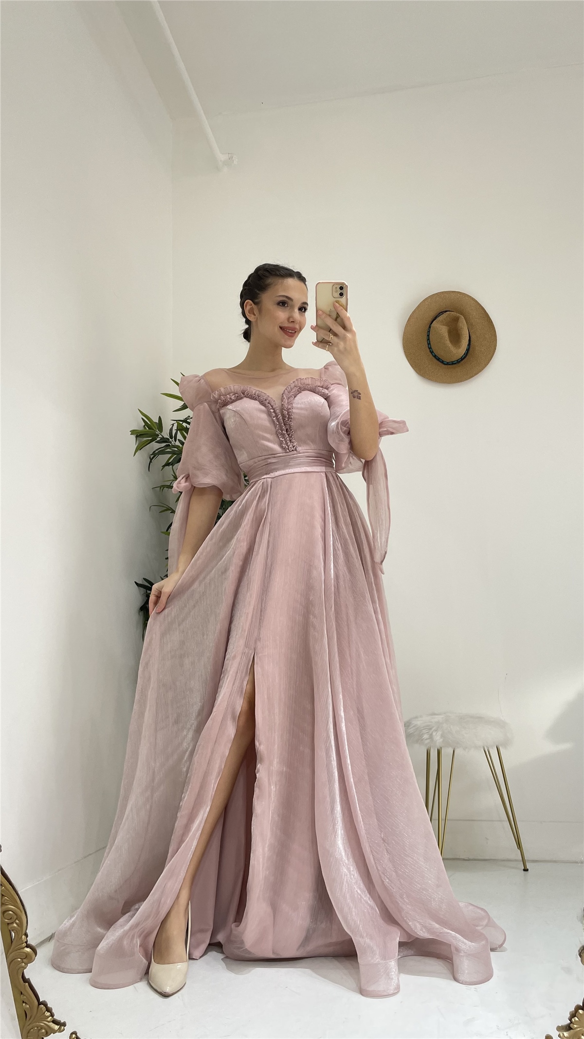 Pudra Kayık Yaka Prenses Model Abiye Elbise- Moda Kapımda İle Kapınızda!