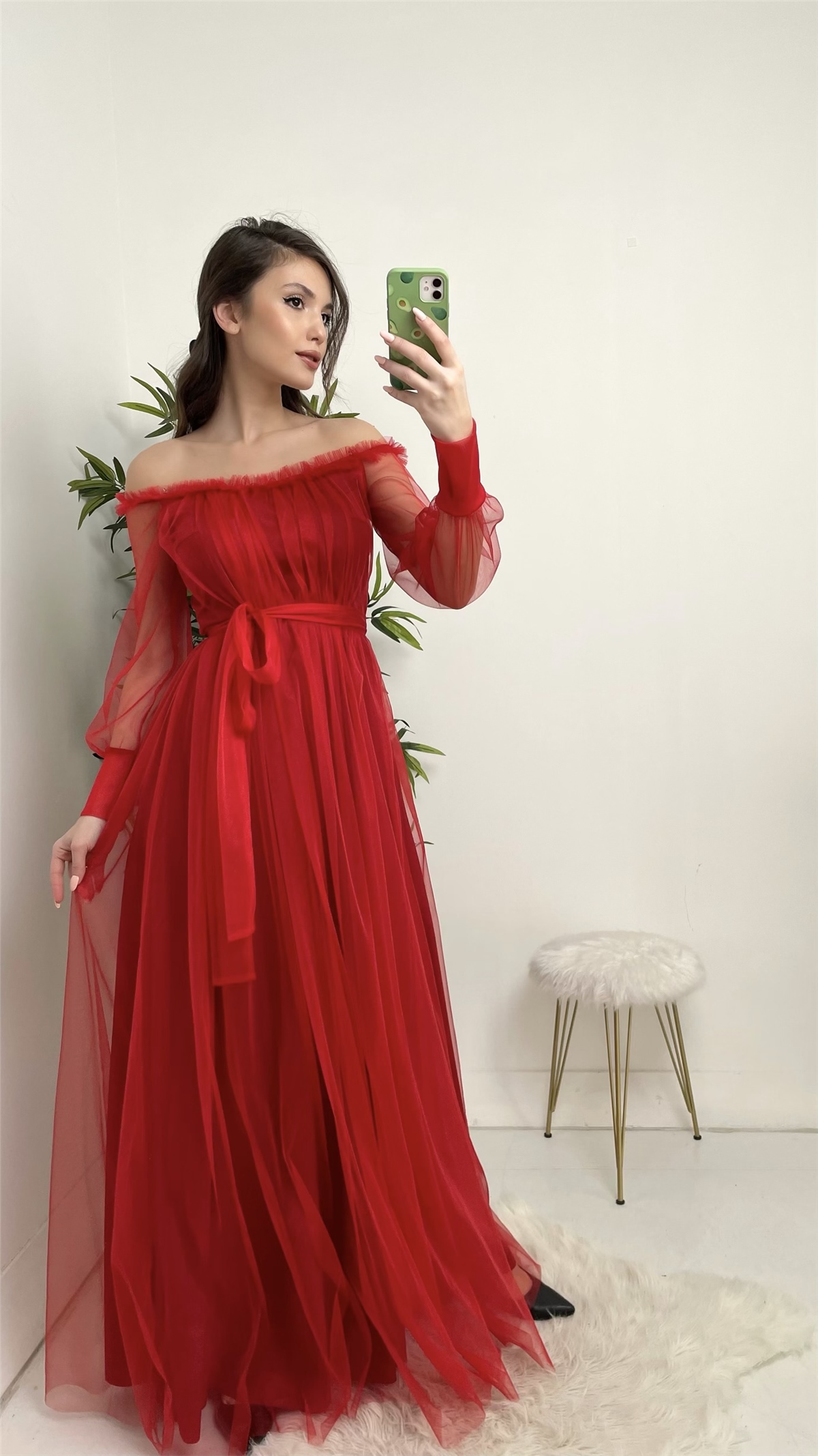 Kırmızı Kuşak Detay Tül Abiye Elbise - Moda Kapımda İle Kapınızda!