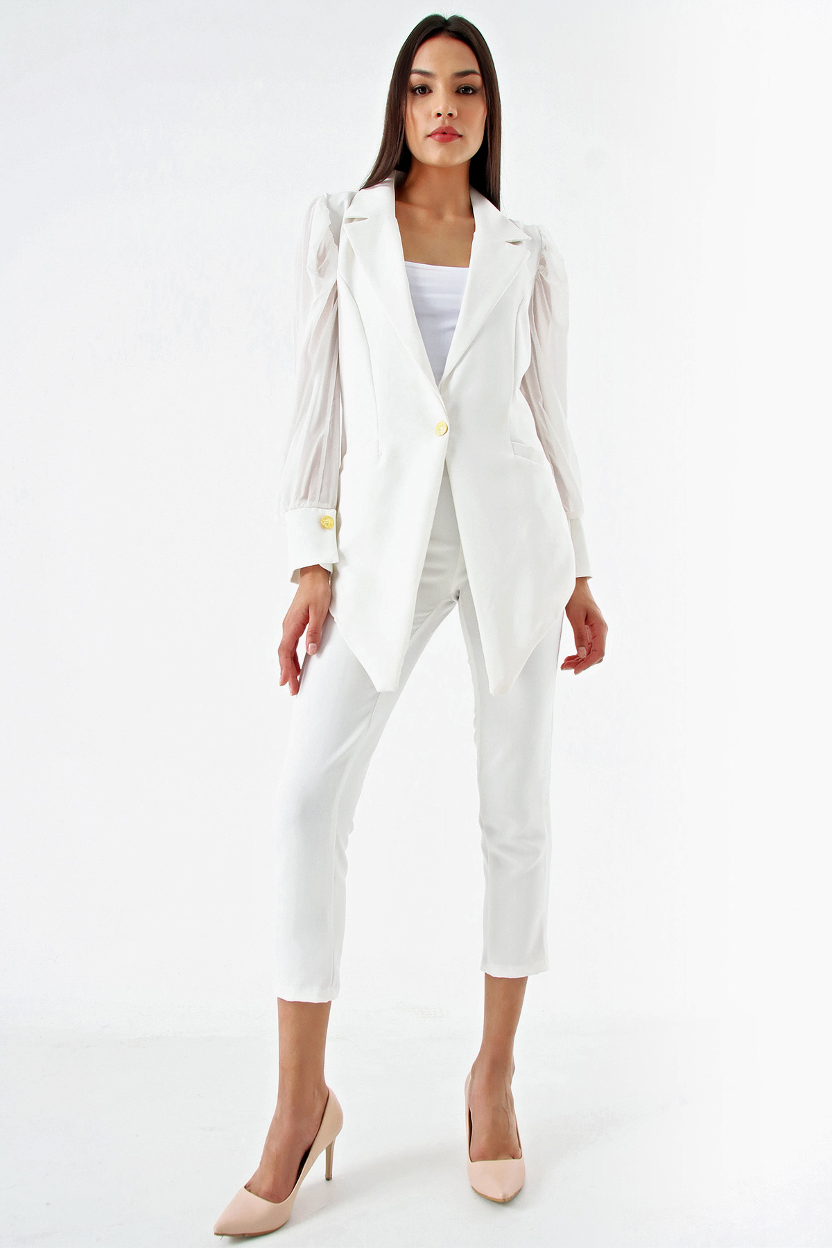 Beyaz Tasarım Ceket Pantolon Takım - Moda Kapımda İle Kapınızda!