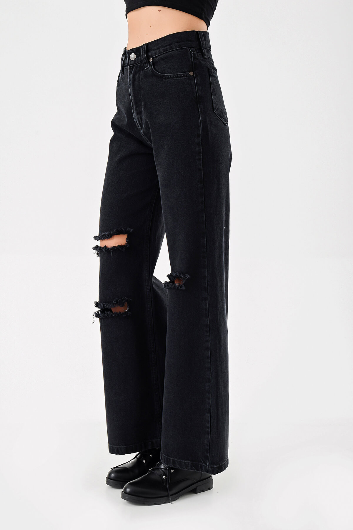 Siyah Yırtık Detaylı İspanyol Paça Jean Pantolon - Moda Kapımda İle  Kapınızda!