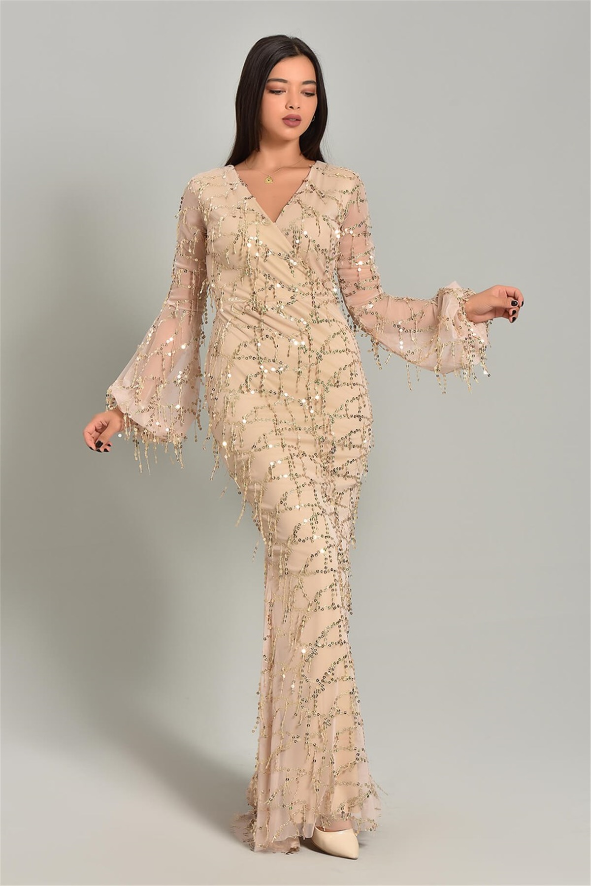 Vizon Pul Payet Tasarım Abiye Elbise - Moda Kapımda İle Kapınızda!