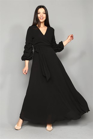 Siyah Kolları Büzgülü Uzun Şifon Elbise - Moda Kapımda İle Kapınızda!