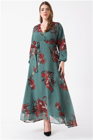 Yeşil Büyük Beden Çiçek Desen Şifon Elbise- Moda Kapımda İle Kapınızda!