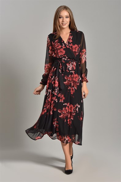 Siyah Çiçek Desenli Şifon Elbise - Moda Kapımda İle Kapınızda!