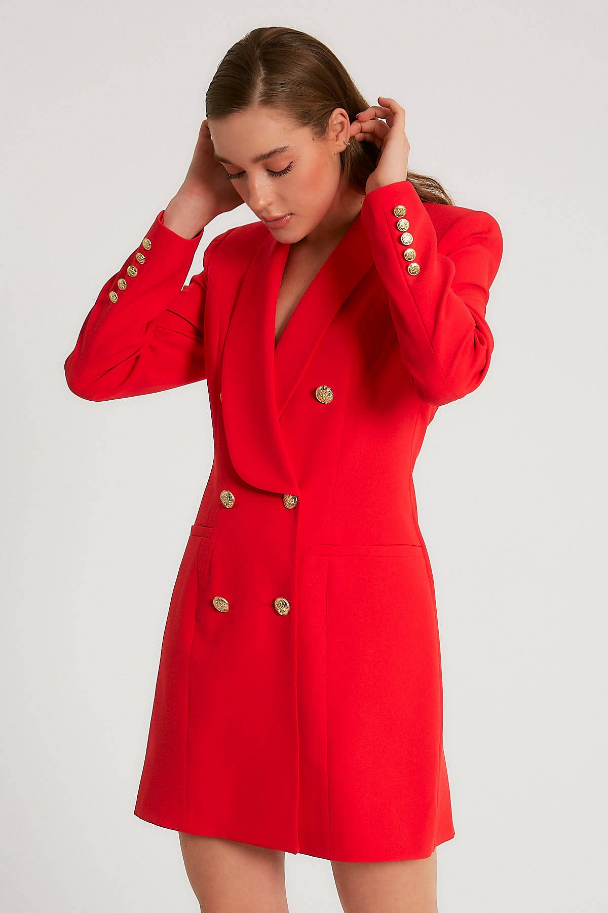 Robin Kruvaze Cepli Ceket Elbise Kırmızı