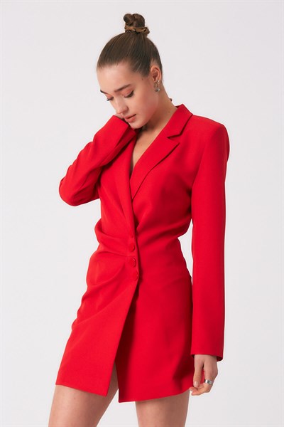 Robin Kruvaze Düğmeli Ceket Elbise Kırmızı