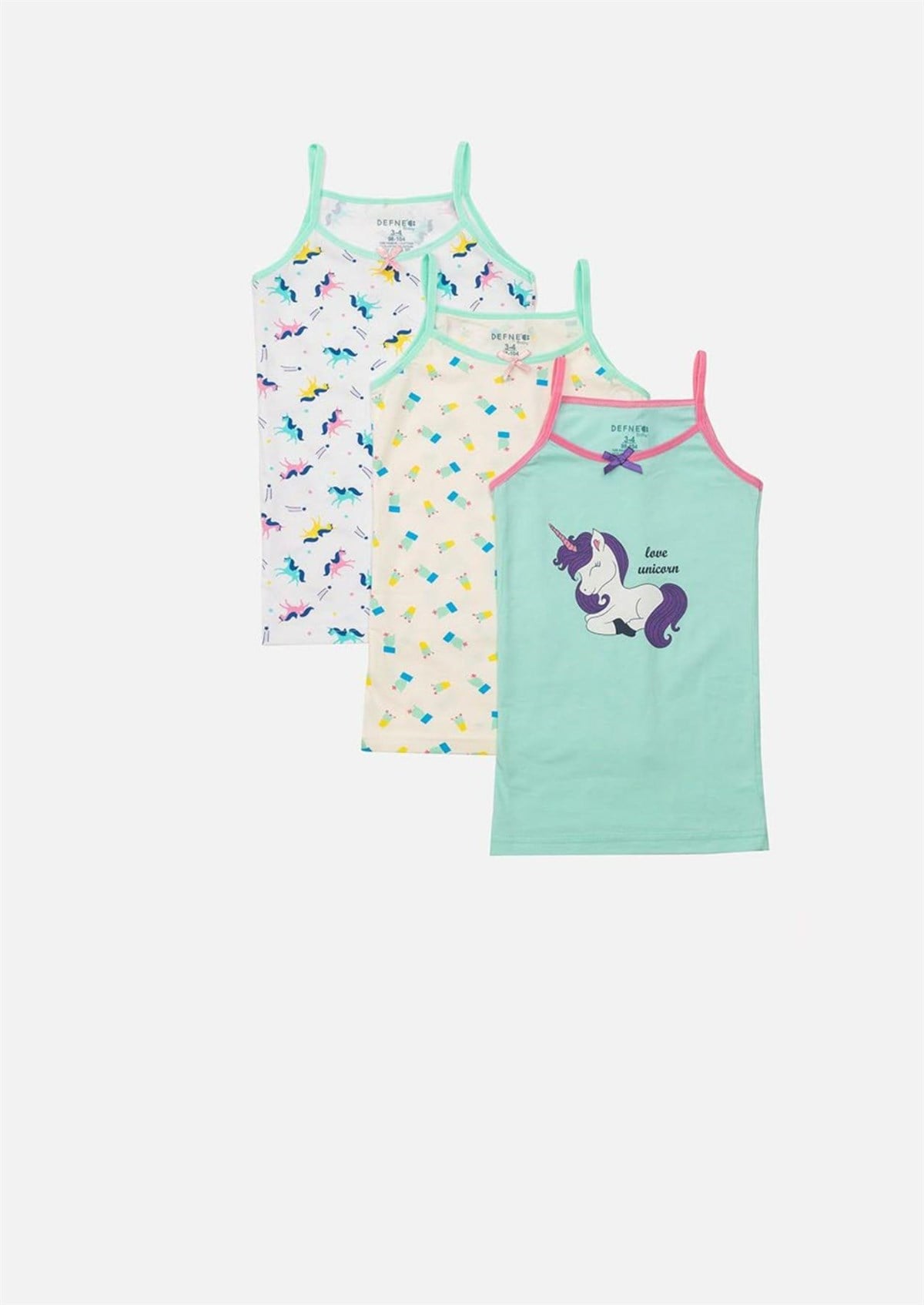 İç GiyimUnicorn Desen Baskılı Penye Elastan İnce Askılı Kız Çocuk 3'lü Paket Atlet