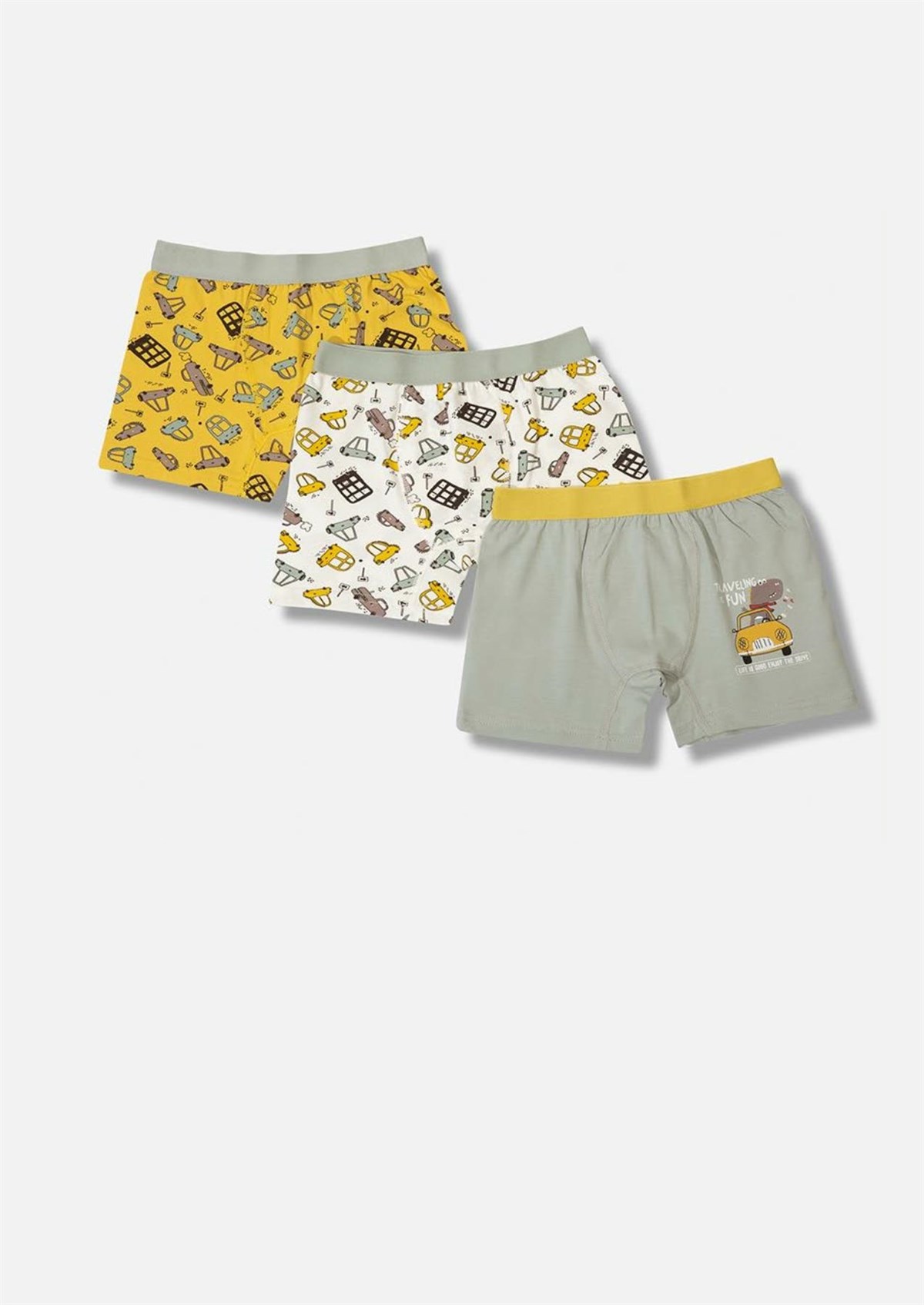 İç GiyimAraba Desen Baskılı Likralı Penye Erkek Çocuk 3'lü Boxer Set