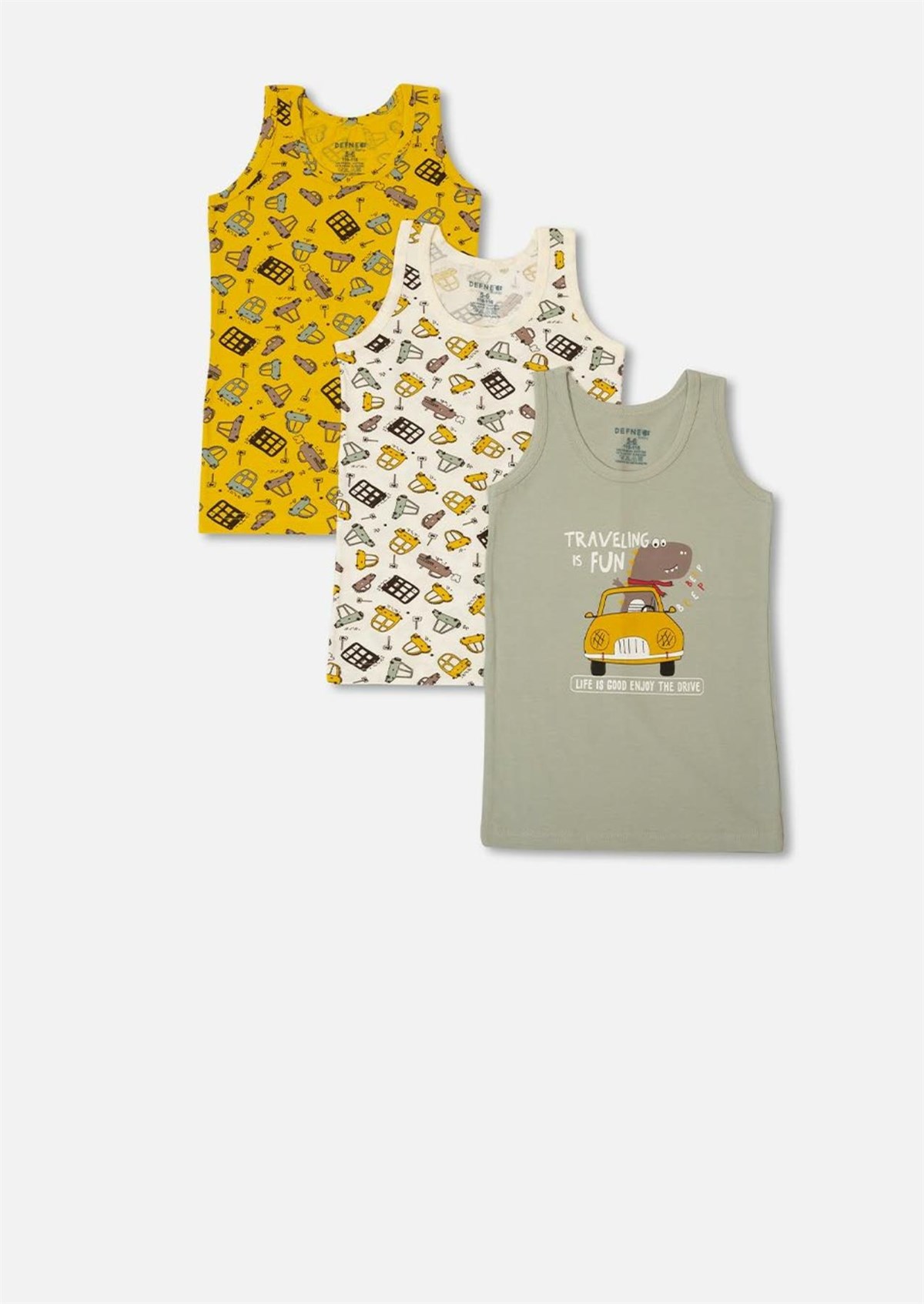 İç GiyimAraba Desenli Penye Elastan 3'lü Erkek Çocuk Asorti Atlet Seti