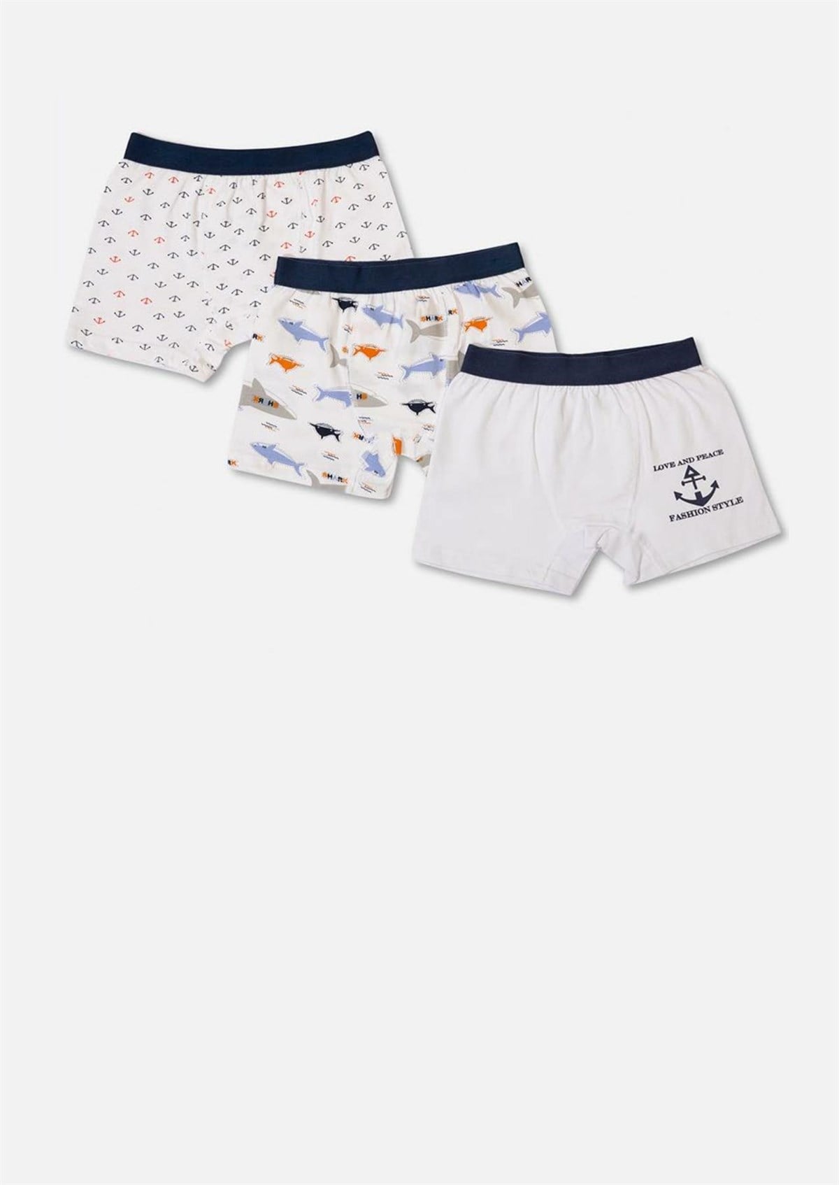 İç GiyimÇapa Ve Köpek Balığı Desen Baskılı Likralı Penye Erkek Çocuk 3'lü Boxer Set