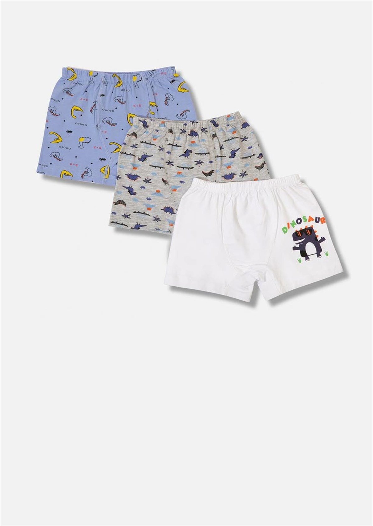 İç GiyimDinozor Desen Baskılı Asortili Penye Elastan Erkek Çocuk 3'lü Boxer Set