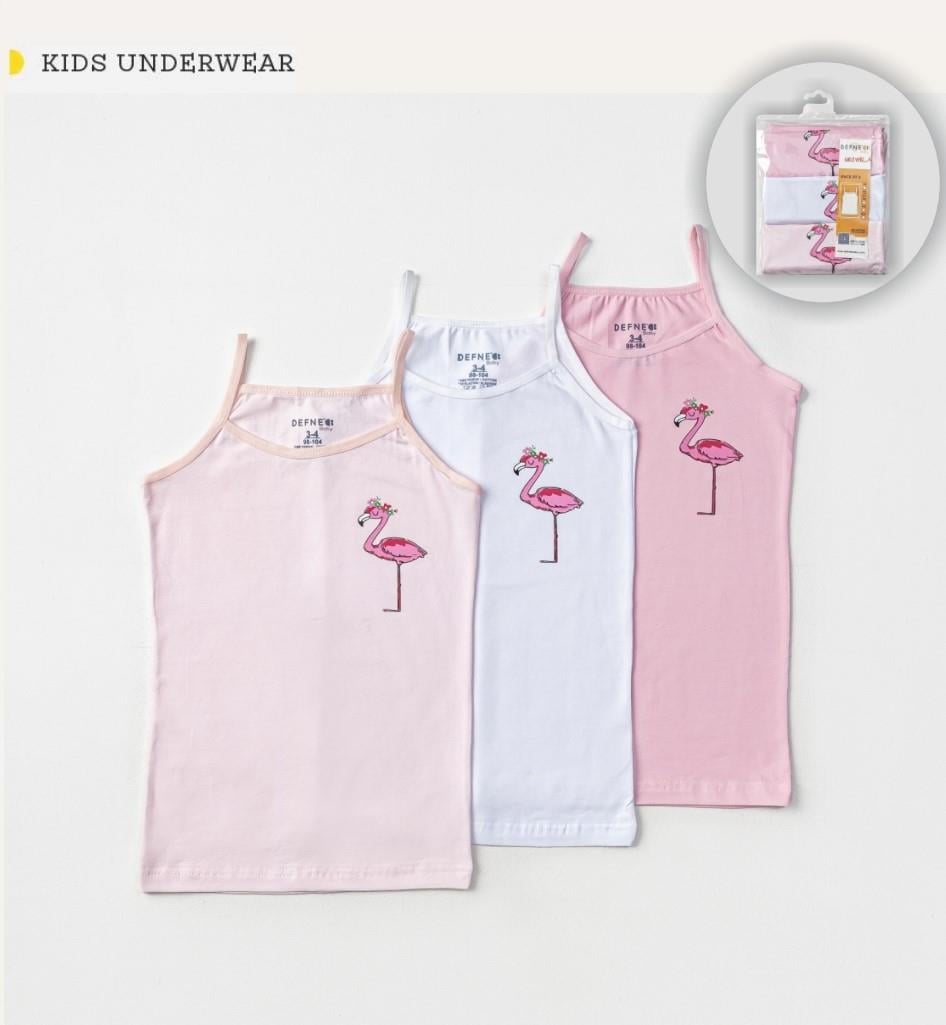 İç GiyimFlamingo Desenli Likralı Penye Kız Çocuk İnce Askılı 3'lü Paket Atlet Set