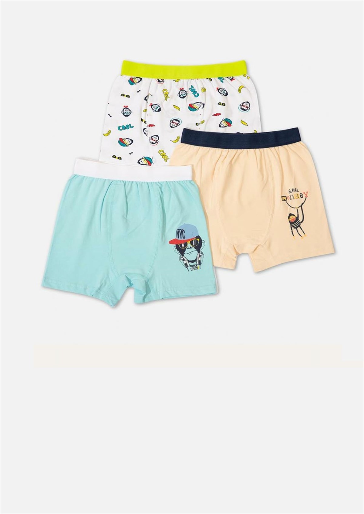 İç GiyimMaymun Desen Baskılı Likralı Penye Erkek Çocuk 3'lü Boxer Set