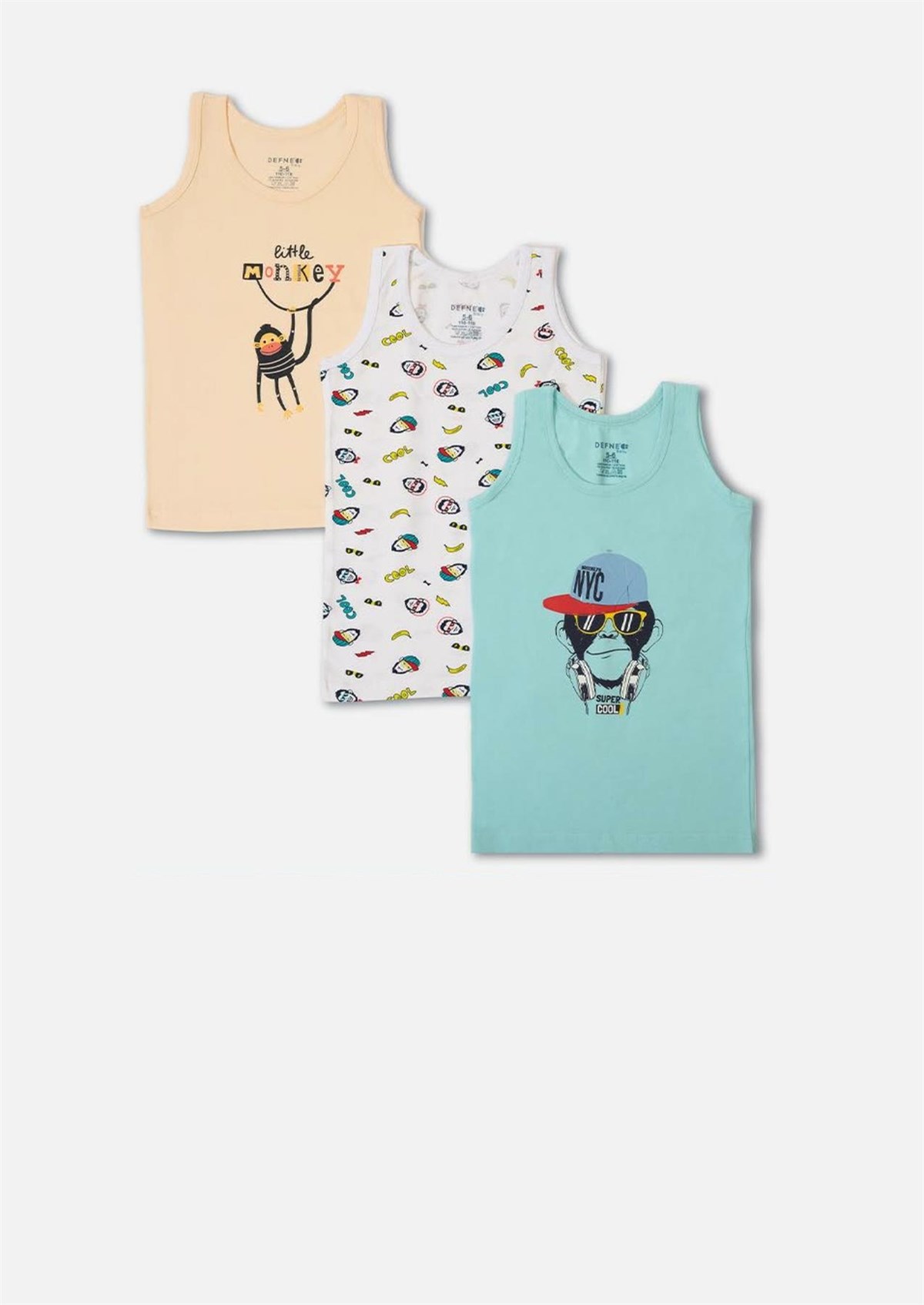 İç GiyimMaymun Desen Baskılı Penye Elastan Erkek Çocuk 3'lü Atlet Set