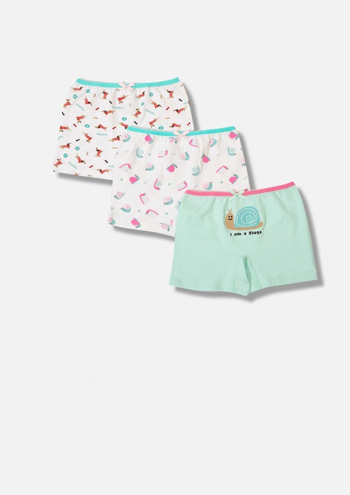 İç GiyimSalyangoz Desen Baskılı Likralı Penye Kız Çocuk 3'lü Boxer Set