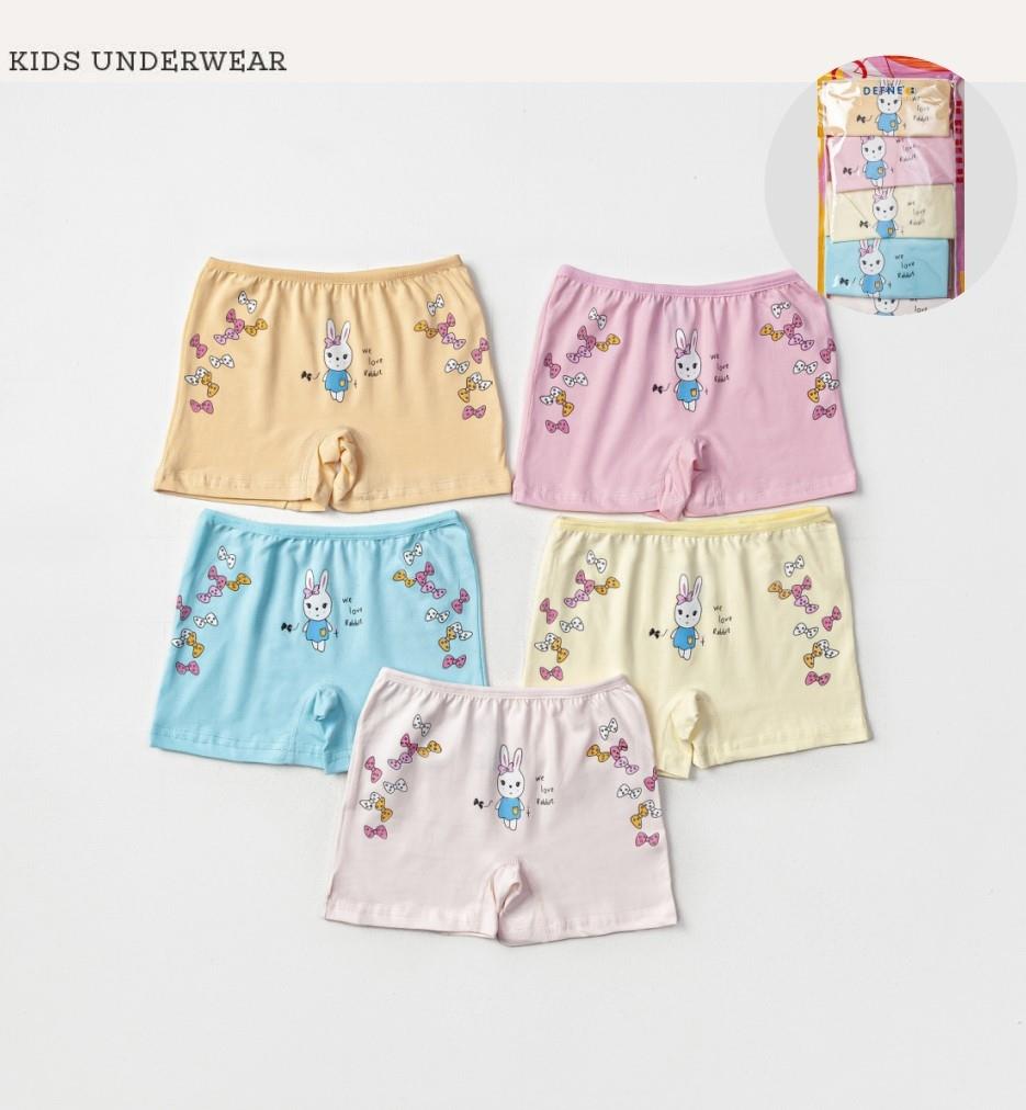 İç GiyimTavşan Desenli Likralı Penye Karışık Renkli 5'li Kız Çocuk Boxer Set