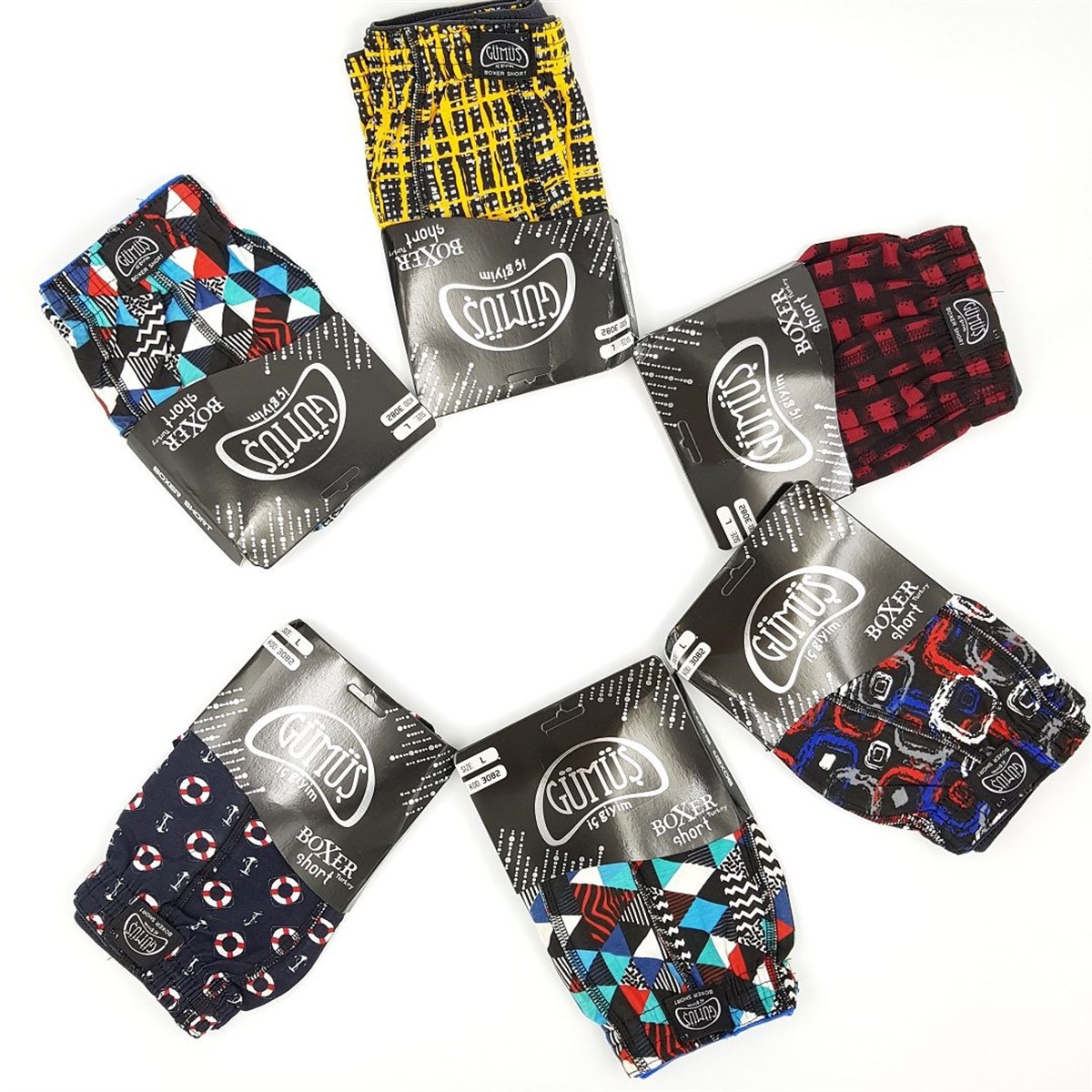 BoxerGümüş 3082 6'lı Paket Karışık Desenli Emprime Penye Erkek Boxer