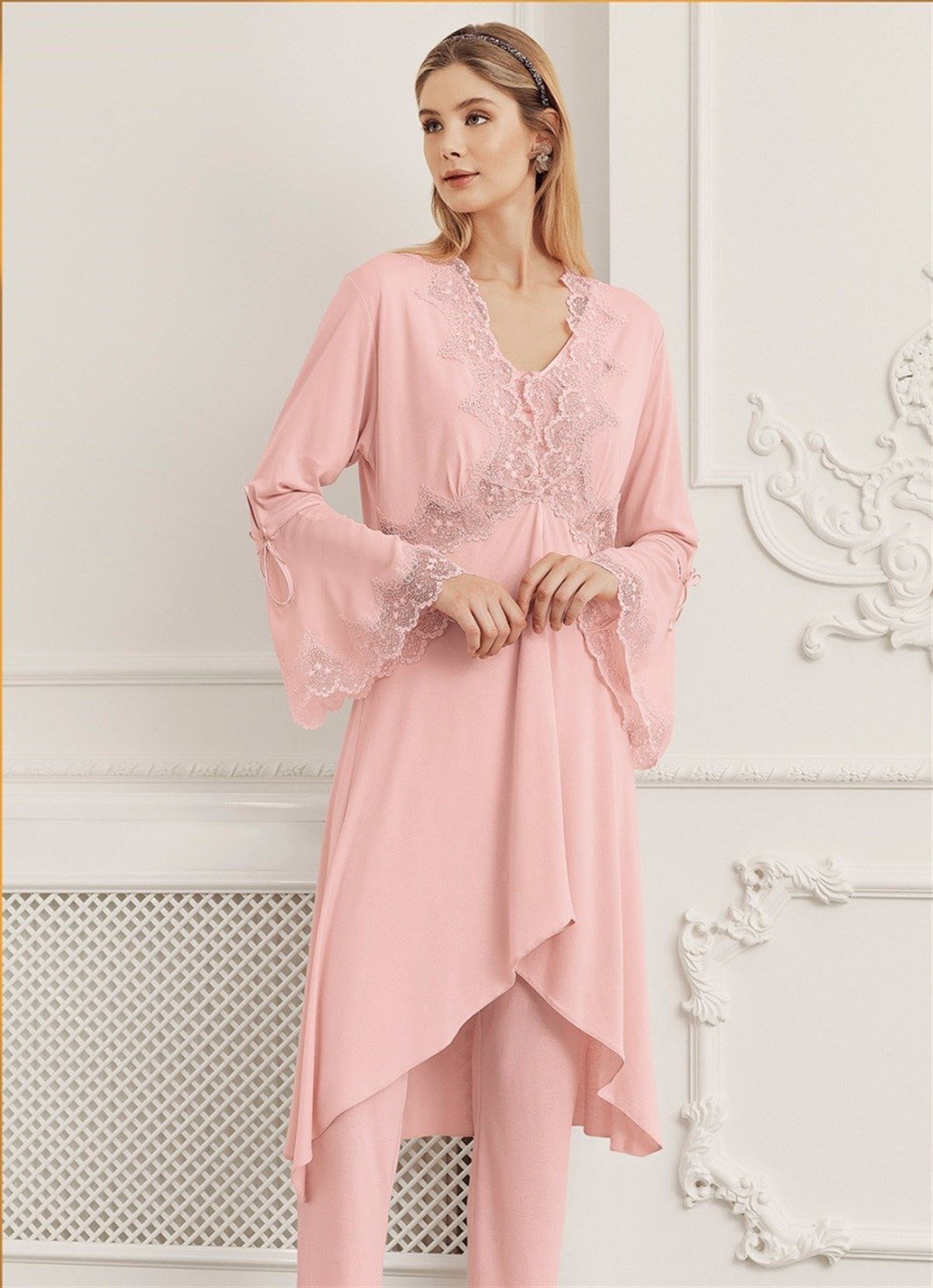 Pijama & GecelikPerin 316 Penye Sabahlıklı Dantelli 3'lü Pijama Takımı Set