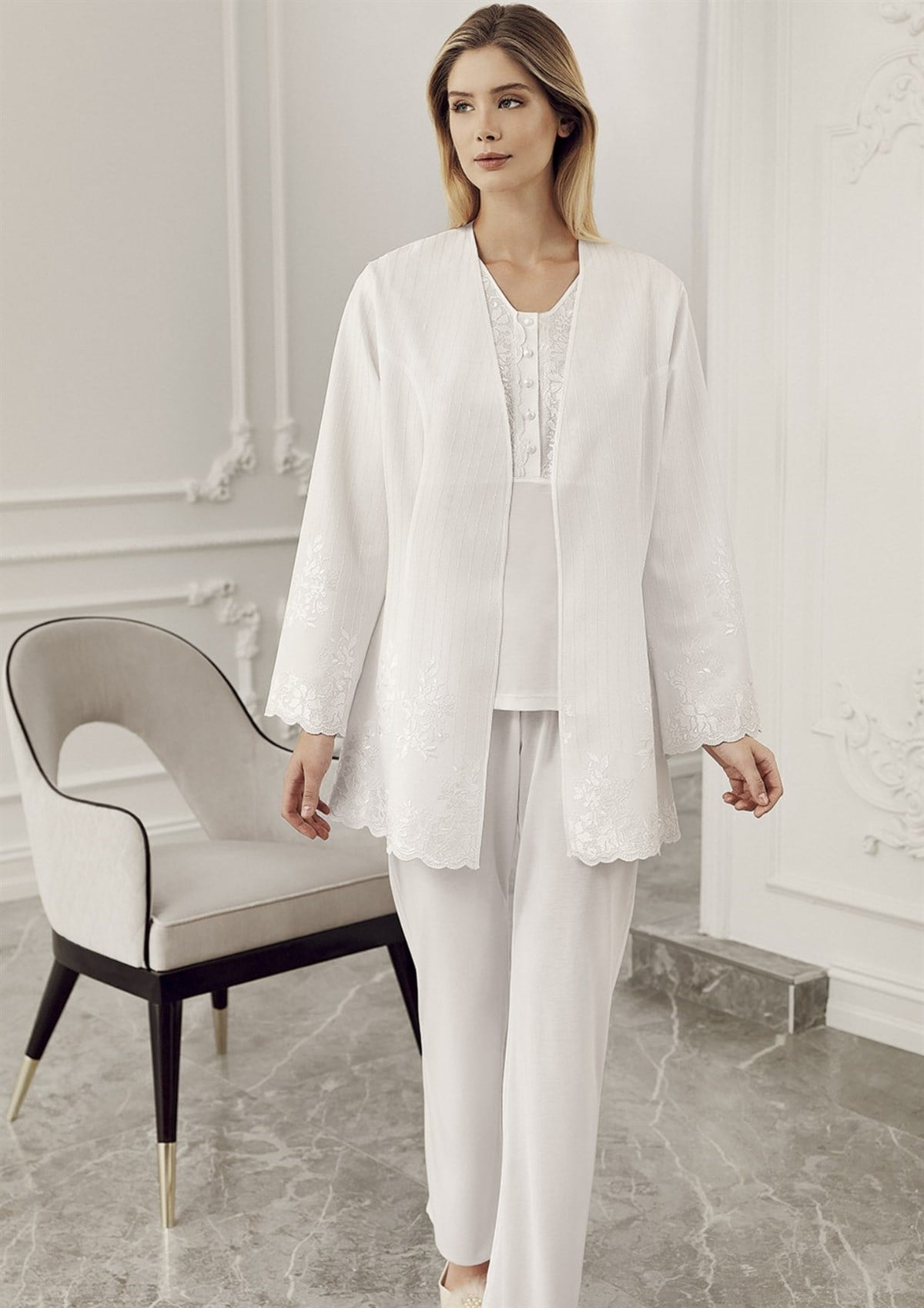Pijama & GecelikPerin 317 3'lü Set Sabahlıklı Lohusa Pijama Takımı