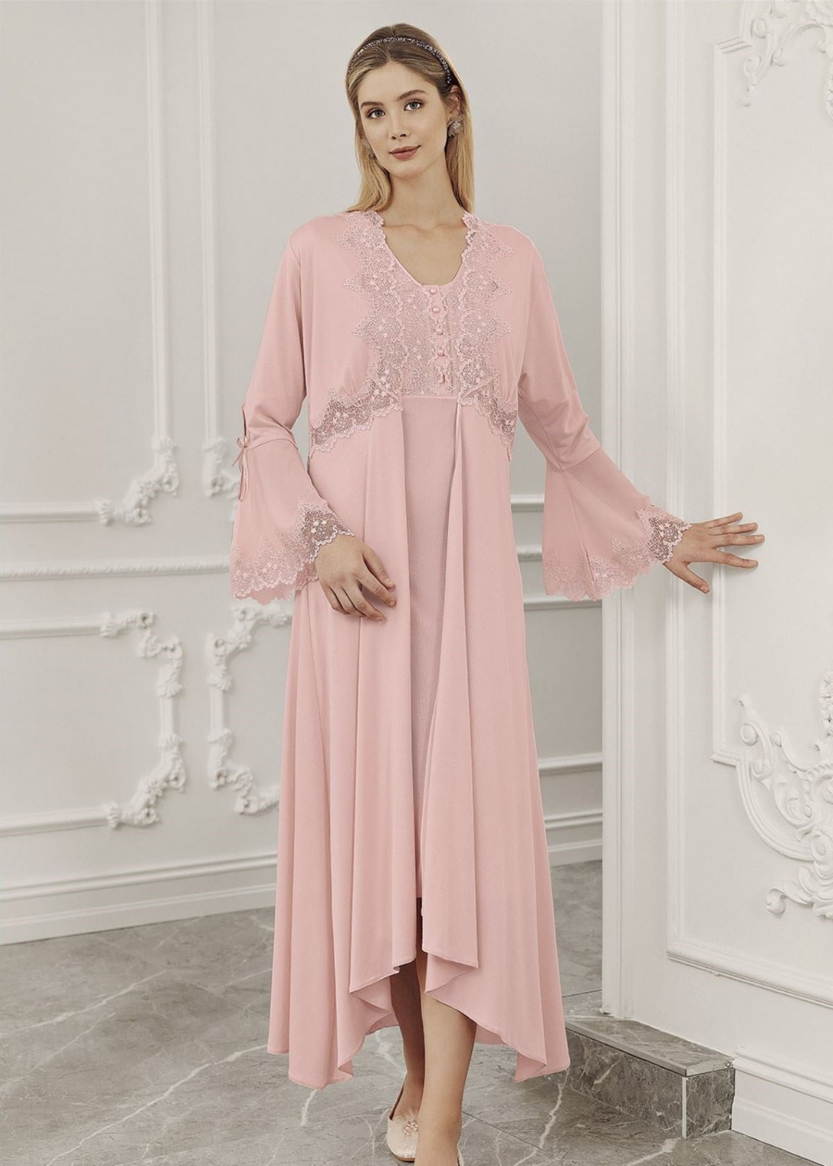 Pijama & GecelikPerin 5001 Dantelli 4'lü Lohusa Sabahlıklı Gecelik Pijama Takımı Seti
