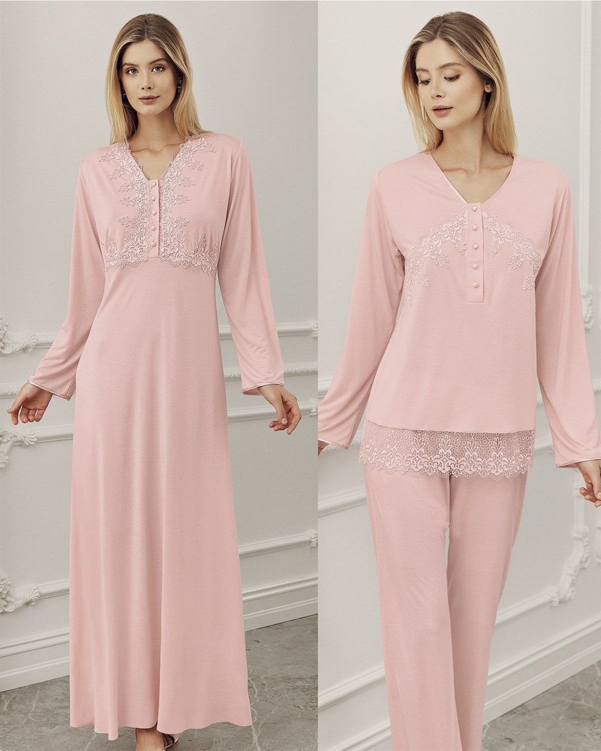 Perin 5002 Dantelli 4'lü Uzun Gecelik Sabahlıklı Penye Lohusa Pijama Takımı  Seti | Çamaşırcımshop