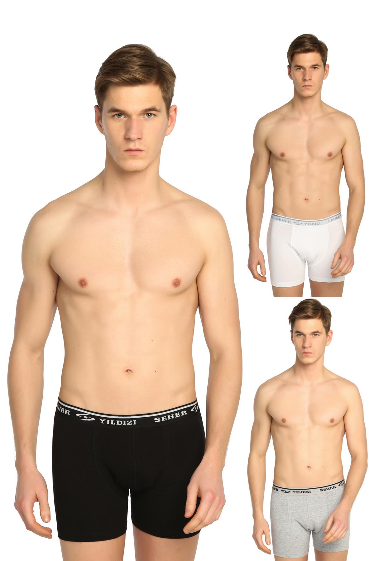 BoxerSeher Yıldızı 3'lü Paket Penye Düz Renk Likralı Erkek Boxer