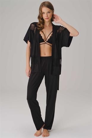 PijamaAnıl 5759 Dantelli Sırt Detaylı Viskon 3'lü Set Kadın Sabahlık Bralet Ve Pantolon Takım
