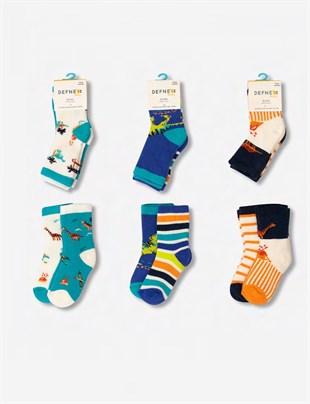 Çorap6'lı Paket Dinozor Desenli Renkli Erkek Bebek Havlu Soket Çorap