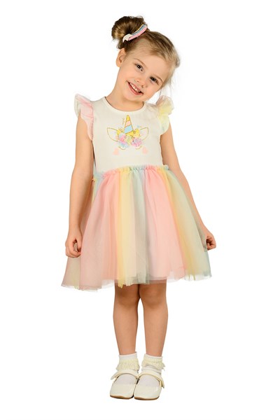 Ekru Renkli Baskılı Kız Çocuk Tütü Elbise |EK 219060-Elbise