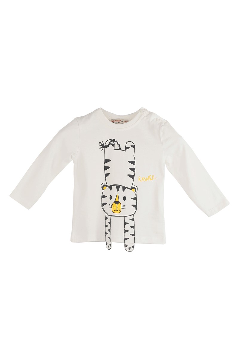 Ekru Renkli Baskılı Omuzdan Düğmeli Bebek Erkek Tişört-BK 118484 |Silversunkids-T-Shirt