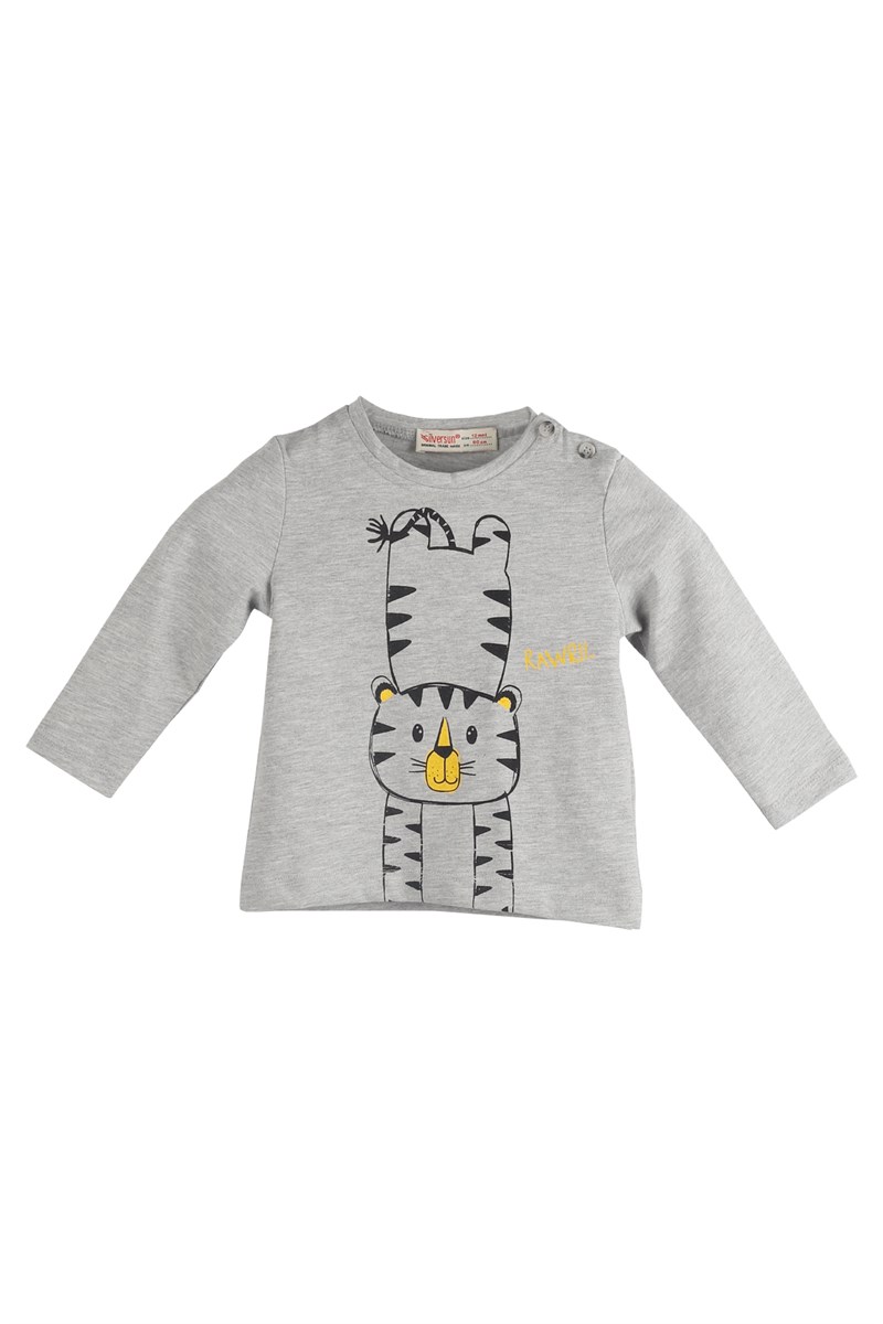 Gri Melanj Renkli Baskılı Omuzdan Düğmeli Bebek Erkek Tişört-BK 118484 |Silversunkids-T-Shirt