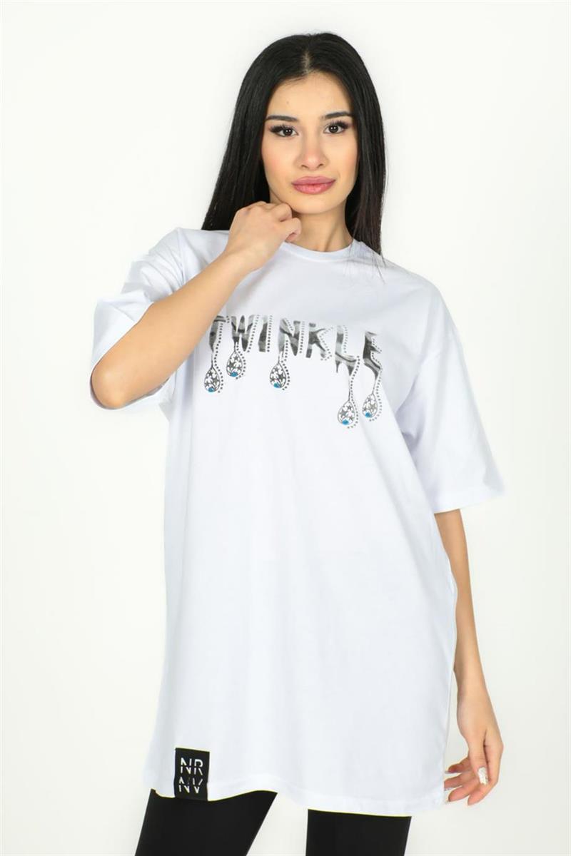 Kadın Beyaz Twinkle Baskılı Oversize Tişört 1009|Silversun-Kadın Beyaz Twinkle Baskılı Oversize Tişört 1009|Silversun