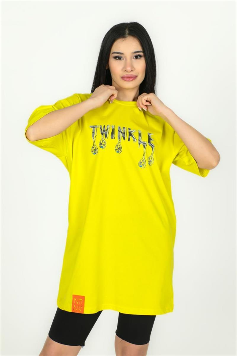 Kadın Sarı Twinkle Baskılı Oversize Tişört 1009|Silversun-Kadın Sarı Twinkle Baskılı Oversize Tişört 1009|Silversun