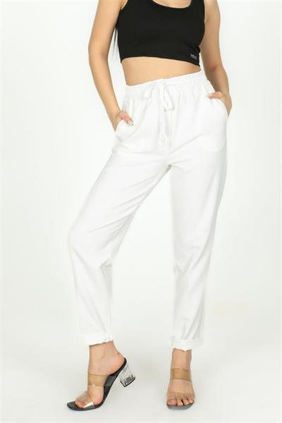 Kadın Beyaz Belden Bağlama Detaylı Pantolon 3000|Silversun-Kadın Beyaz Belden Bağlama Detaylı Pantolon 3000|Silversun