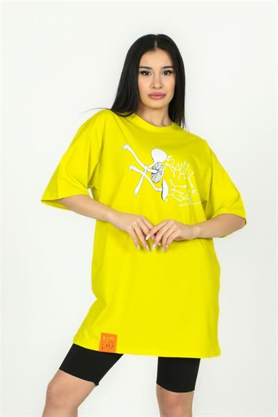 Kadın Sarı Mantar Baskılı Oversize Tişört 1008|Silversun-Kadın Sarı Mantar Baskılı Oversize Tişört 1008|Silversun