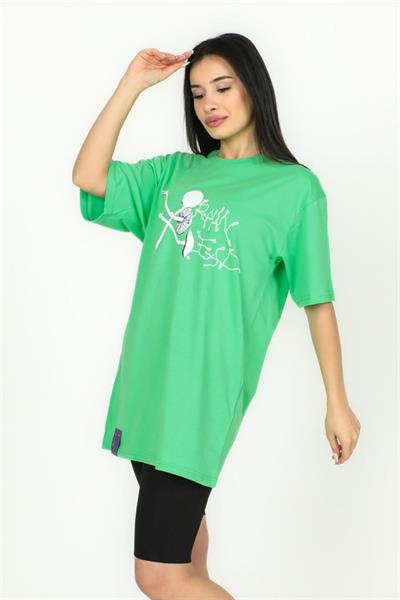 Kadın Yeşil Mantar Baskılı Oversize Tişört 1008|Silversun-Kadın Yeşil Mantar Baskılı Oversize Tişört 1008|Silversun