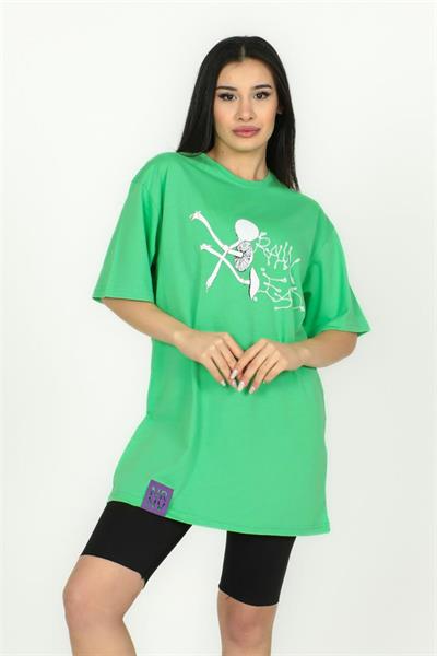 Kadın Yeşil Mantar Baskılı Oversize Tişört 1008|Silversun-Kadın Yeşil Mantar Baskılı Oversize Tişört 1008|Silversun