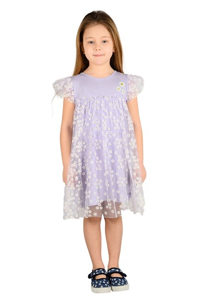 Lila Renkli Papatya Baskılı Kız Çocuk Elbise |EK 219093-Elbise