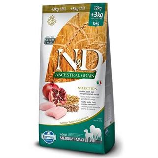 N&D Düşük Tahıllı Tavuk Etli ve Narlı Kuru Köpek Maması 12+3 Kg, Yetişkin Köpek Maması, N & D