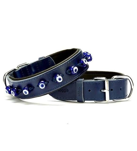 Doggie Comfort Deri Nazar Boncuklu Boyun Tasması Royal Mavi 3x42-50cm