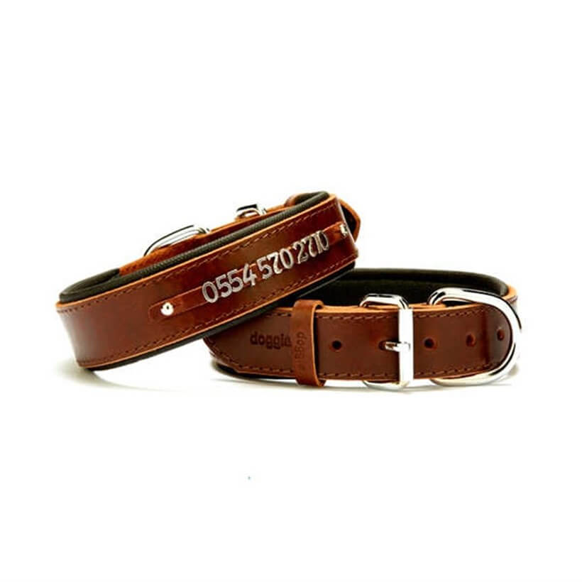 Doggie İsimlikli Deri Köpek Boyun Tasması Large – Kahverengi (3,5 x 52–60 cm)