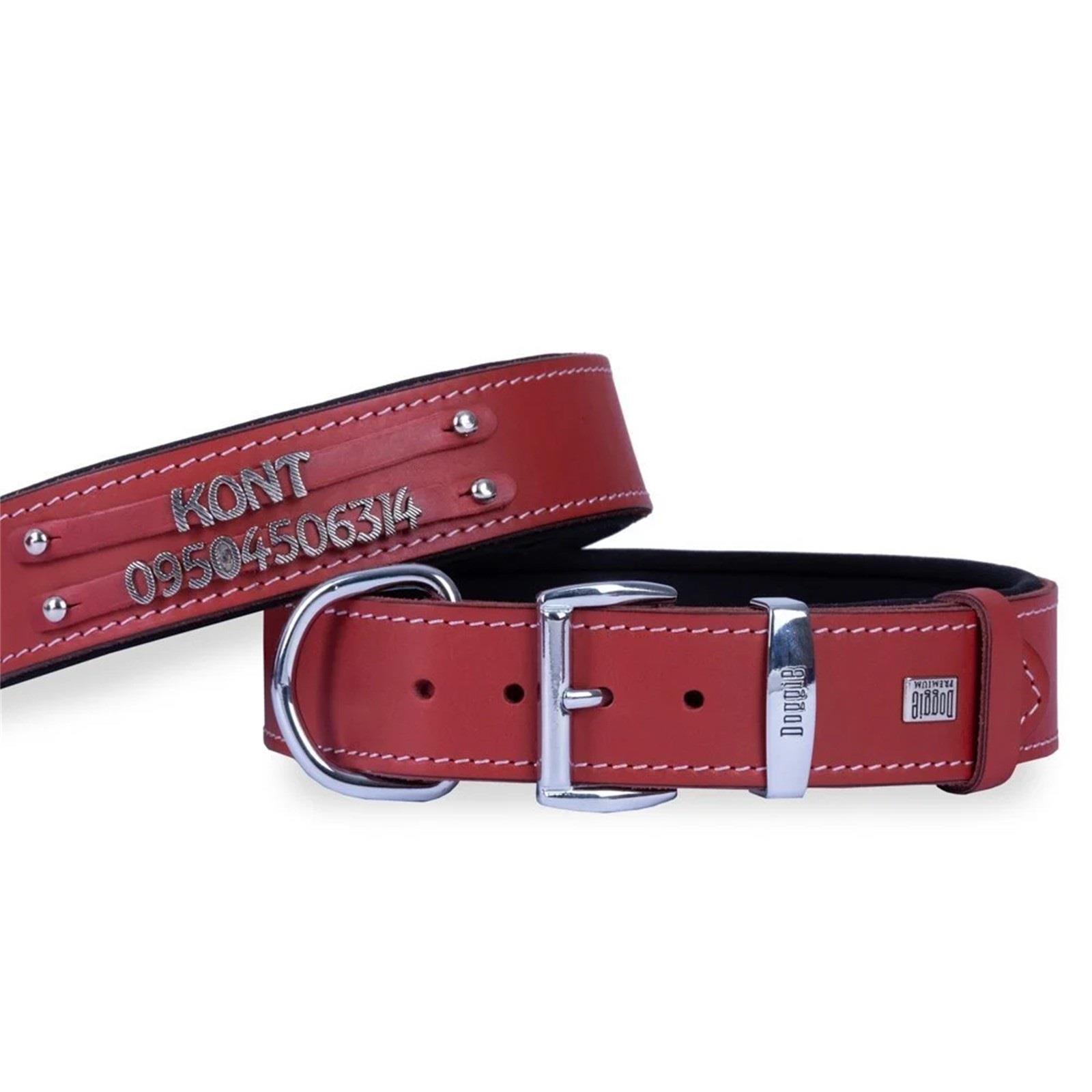Doggie İsimlikli Deri Köpek Boyun Tasması Medium – Kırmızı (3,5 x 47–55 cm)
