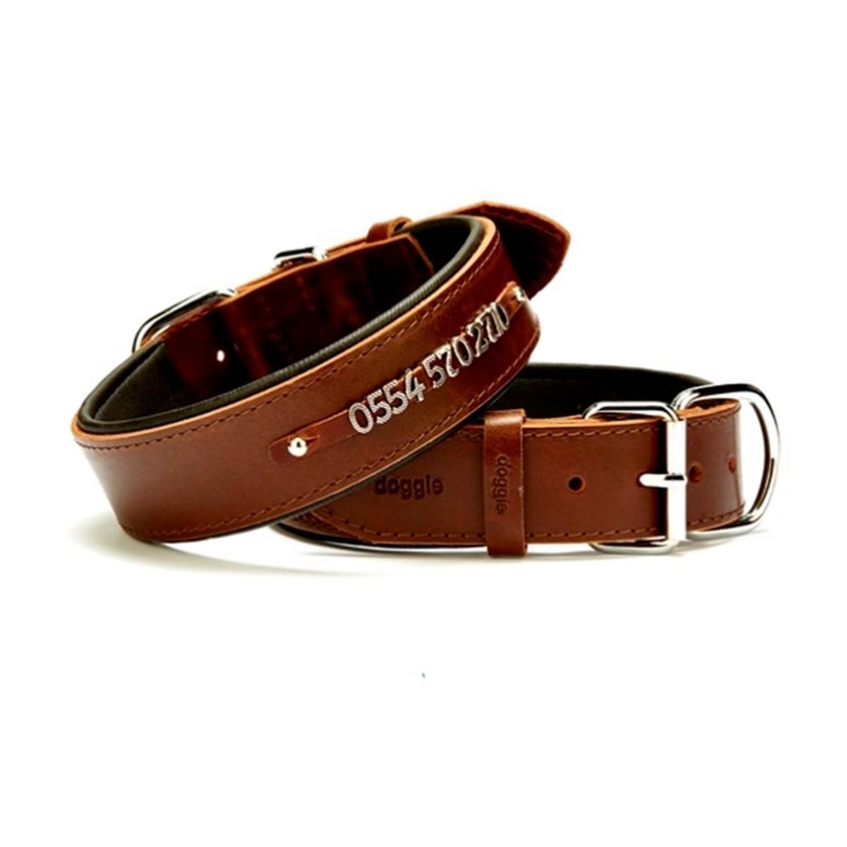 Doggie İsimlikli Deri Köpek Boyun Tasması Small – Kahverengi (2 X 30–35 Cm)
