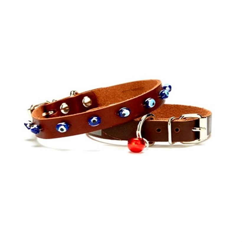 Doggie Nazar Boncuklu Deri Kedi Boyun Tasması – Kahverengi (1.5 X 29–33 Cm)