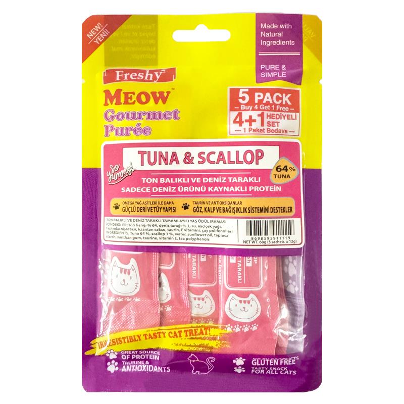 Freshy Meow Ton Balıklı Ve Deniz Taraklı Krema Kedi Ödülü 4+1 Adet