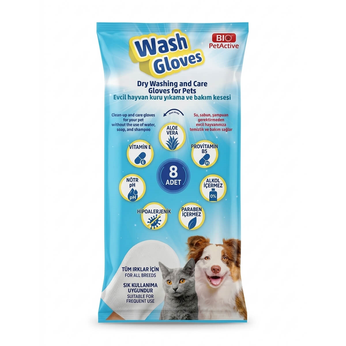 Pet Active Wash Gloves Kuru Yıkama Ve Bakım Kesesi 8 Adet