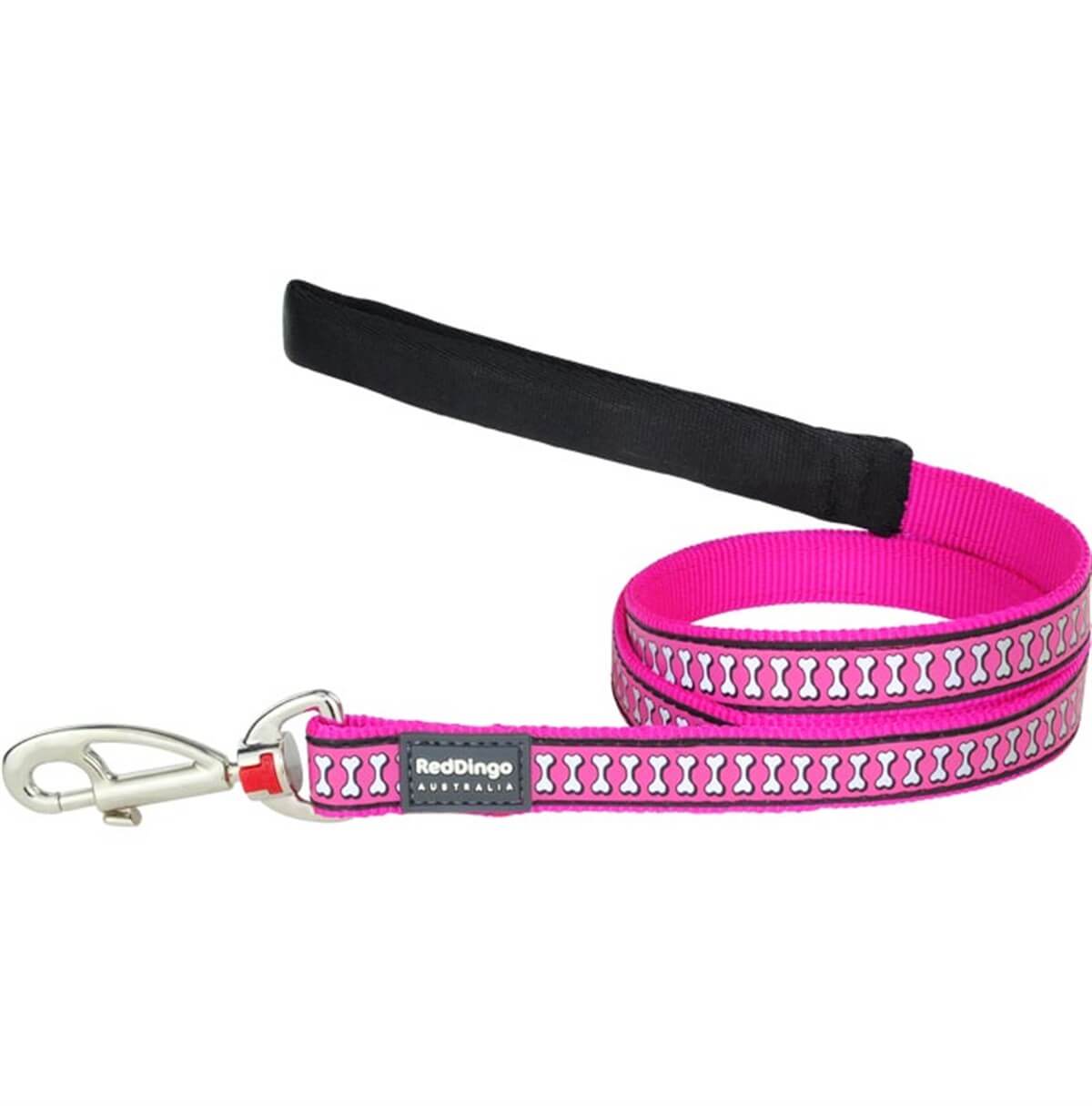 Red Dingo Fosforlu Kemik Desenli Köpek Gezdirme Tasması 12 Mm – 1,2 M – XSmall – Pembe